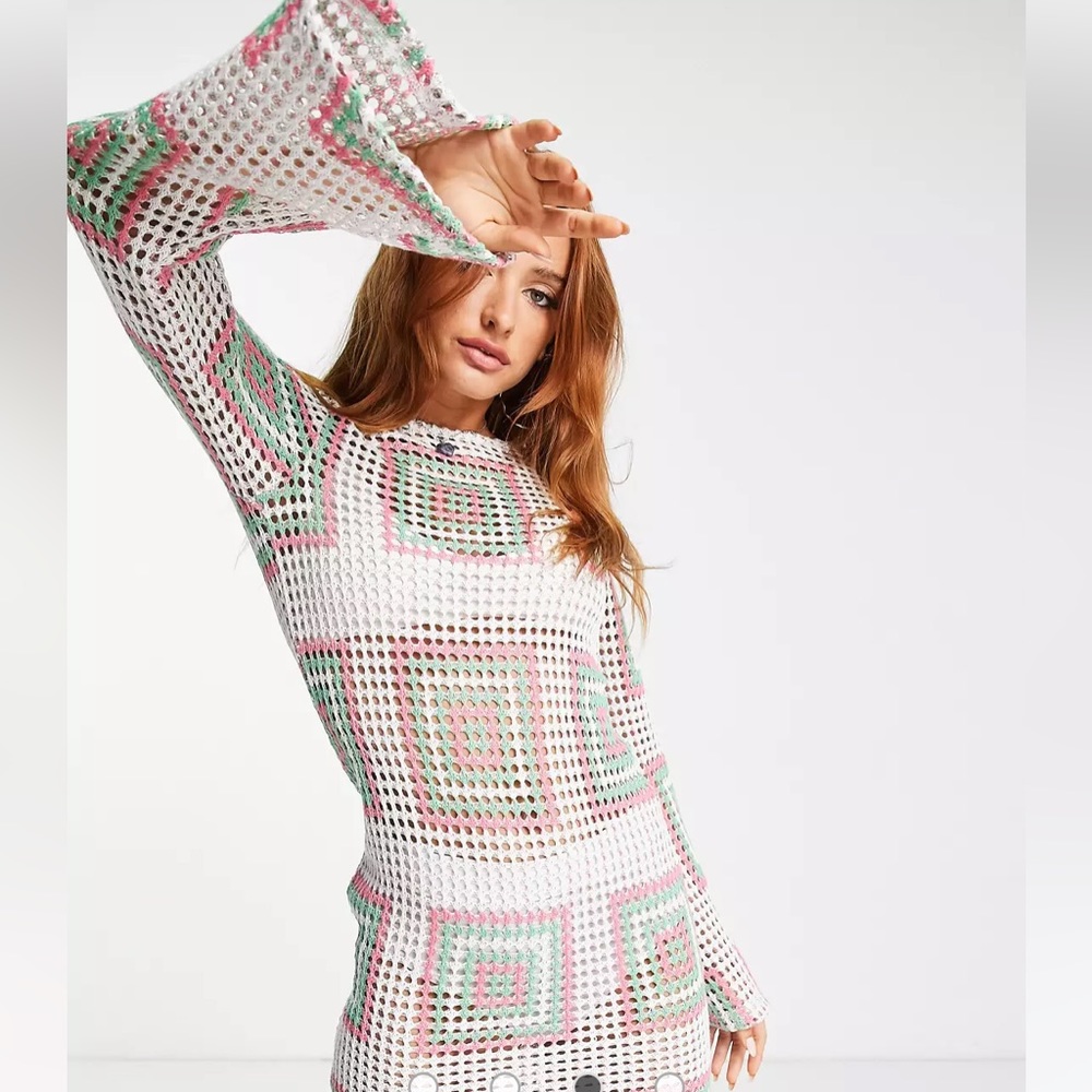 NWOT ASO flare sleeve crochet mini dress white with pink and green square
